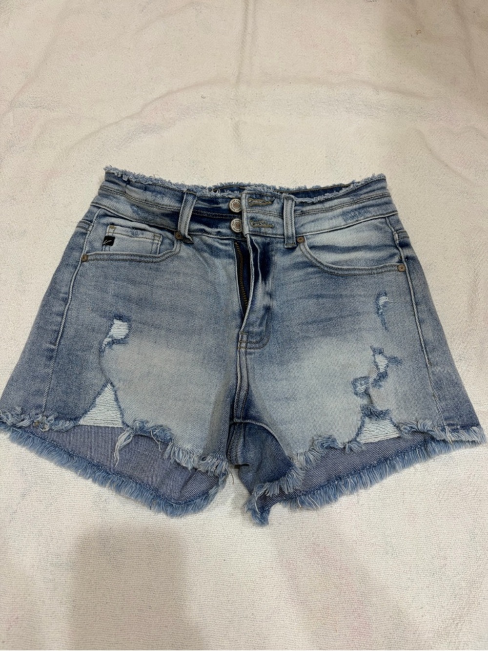 KanCan High Rise Light Blue Distressed Denim Shorts